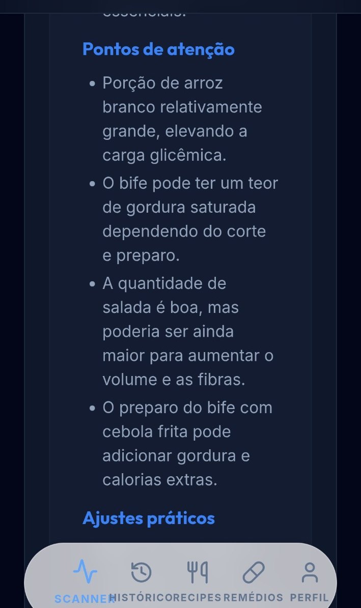 Tela do GlicoScan com pontos de atenção e ajustes práticos para a refeição