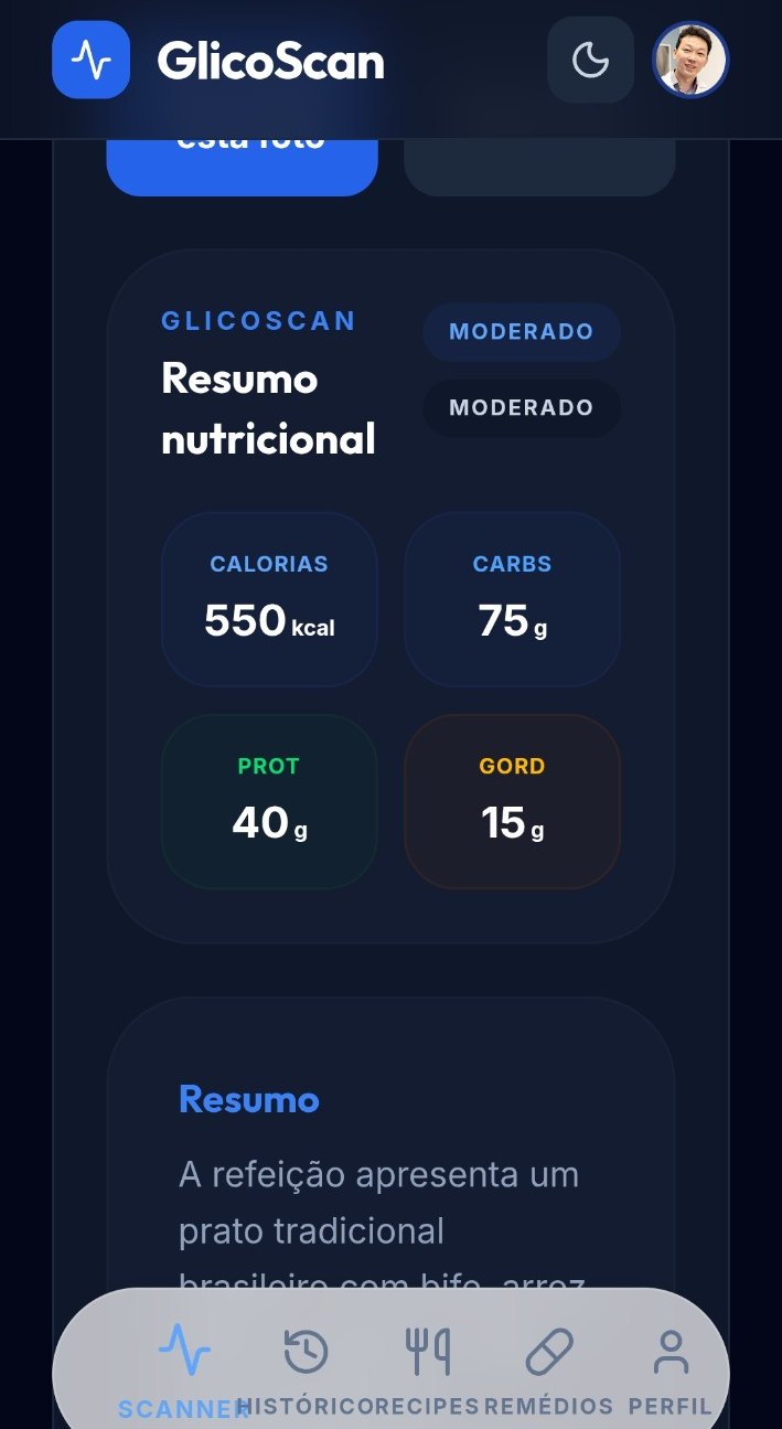 Tela do GlicoScan com resumo nutricional de calorias, carboidratos, proteínas e gorduras